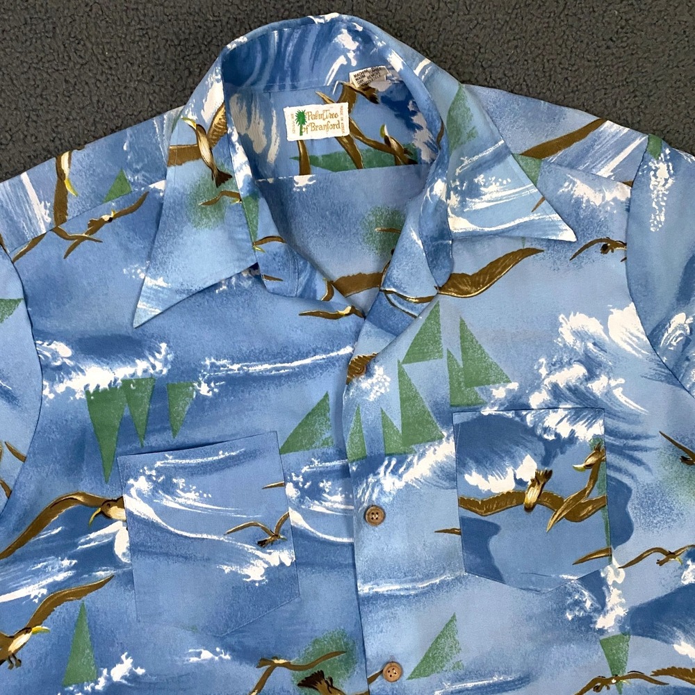 Vintage 70s Shirt FITS Men XL Blue Seagull Hawaiian Dagger Camp Collar Disco